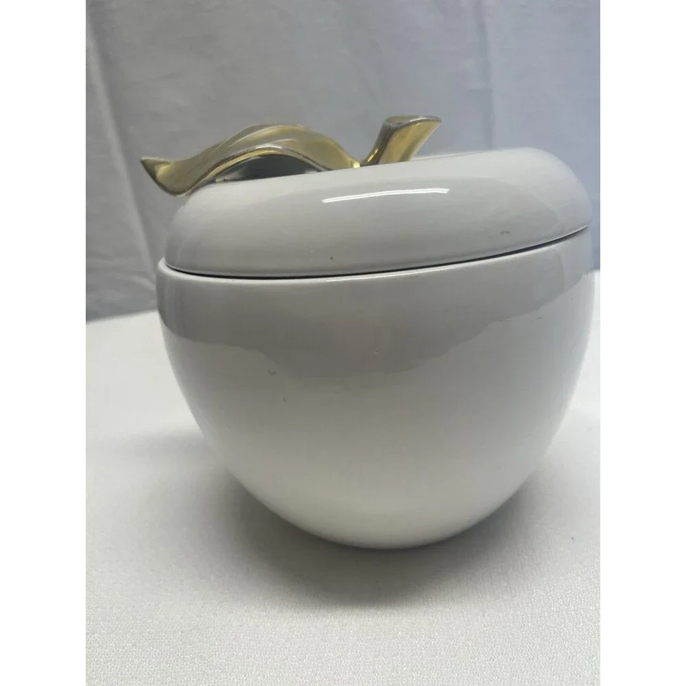 Vintage 1957 N.S Gustin White Gold Apple Cookie Jar Canister MCM Made in USA EUC